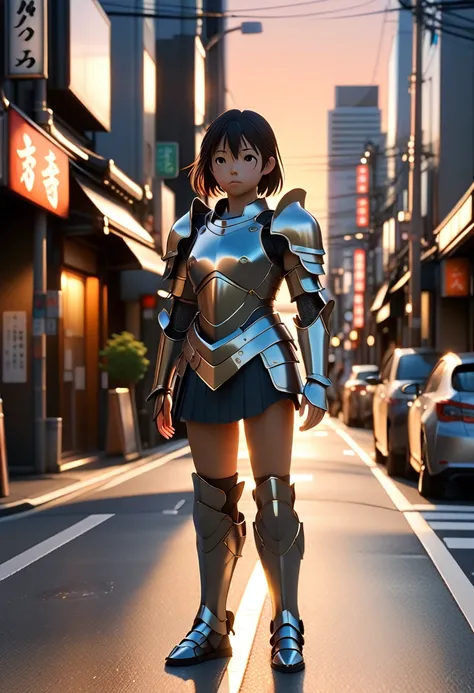 a girl in armor standing on the street, city street sunset, film lighting, filming ar 9:16 -n 6-g, japonism 3 d 8 k hyperdetaile...