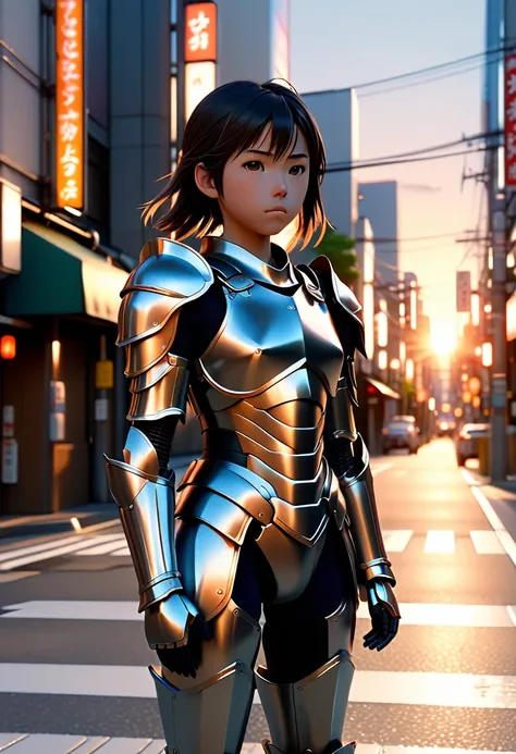 A girl in armor standing on the street, city street sunset, Film lighting, filming AR 9:16 -N 6-G, Japonism 3 D 8 K hyperdetailed, Realistic street view, Octane-Rendering. author: Makoto Shinkai, realistic afternoon lights, Yoshida Akihiko. unreal engine, ...