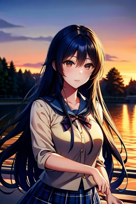 One Japanese girl、1、Practicing the violin on the riverbank、Standard chest、silky long hair、Hair blowing in the wind、High School Uniform、Blue plaid skirt、background:Riverbank at dusk、Orange sunset sky、