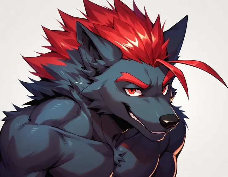 solo, shot spiky hair, red highlights on hair, male, wolf, (black colored fur), ((one tone fur)), spiky fur, black fur only, red eyes, simple background, body, anthropomorphic, male, topless, smiling, mouth closed, focus on face, looking at viewer