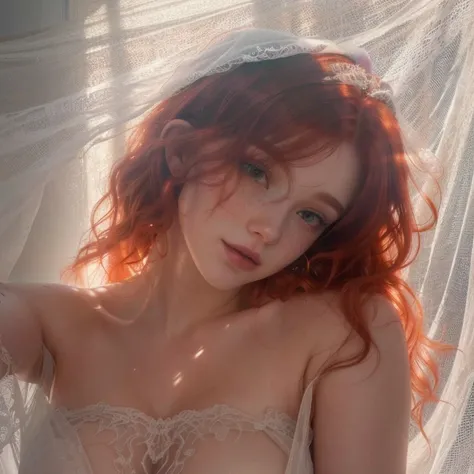 there is a woman with a veil on her head posing for a picture, with curly red hair,Big breasts, ethereal beauty, with backdrop of natural light, Big breasts, with pale skin, a redheaded young woman, ethereal and dreamy, soft light from the side, Big breast...