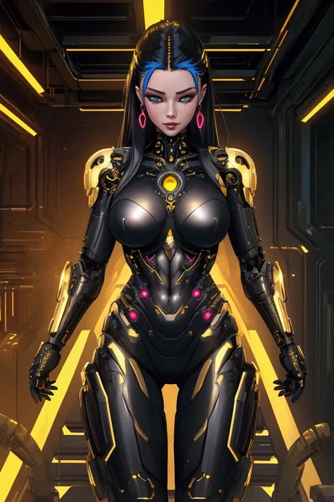 a gorgeous cyberpunk woman in a golden and black outfit, beautiful cyborg goddess, intricate details, hyper realistic, vibrant colors, cinematic lighting, photo-realistic, masterpiece, 4k, ultra-detailed, physically-based rendering, sharp focus, vivid colo...