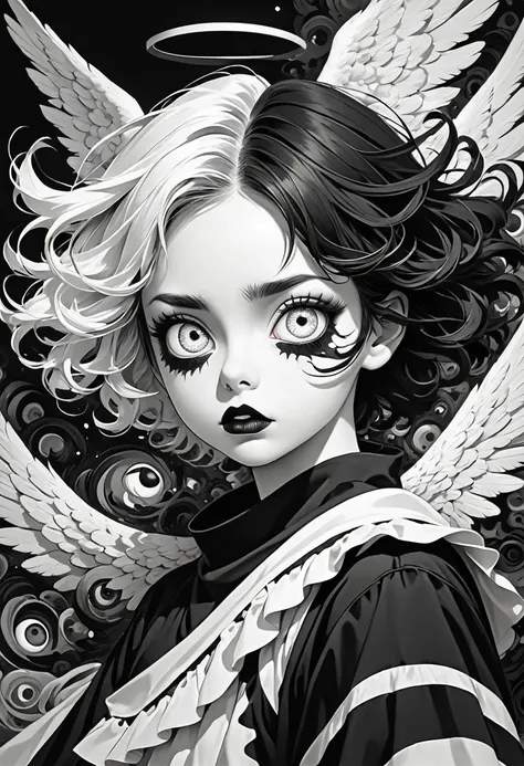 Two-tone world,Two-tone angel,Crazy Eyes,Black and white color scheme,