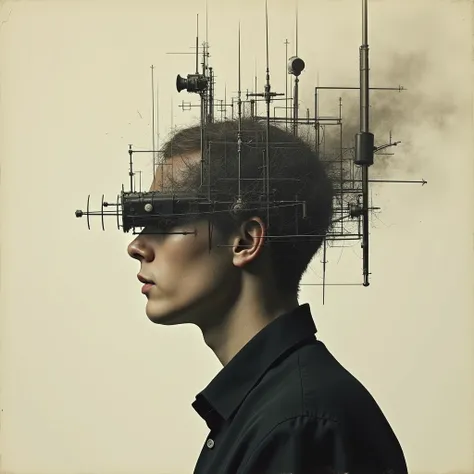 surreal composition, A person; the head becomes a complex signal receiver, Retro photo album cover，Realistic minimalist style