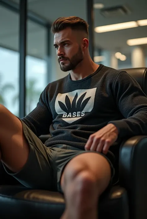 Handsome and muscular and virile and sexy man in casual clothes, with a modern, real and fashionable sweater con logo, strong and muscular legs, large lump, 8k detail masterpiece ultra realistic high detail in office , close up , bodybuilder, wide legs, bu...