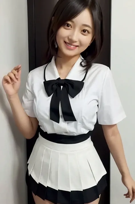 Gravure idol pose　Hotel　bed　uniform　White shirt　High image quality　Not too small bust　Black Mini Skirt　Short skirts and beautiful hair　Height: 158cm　smile
