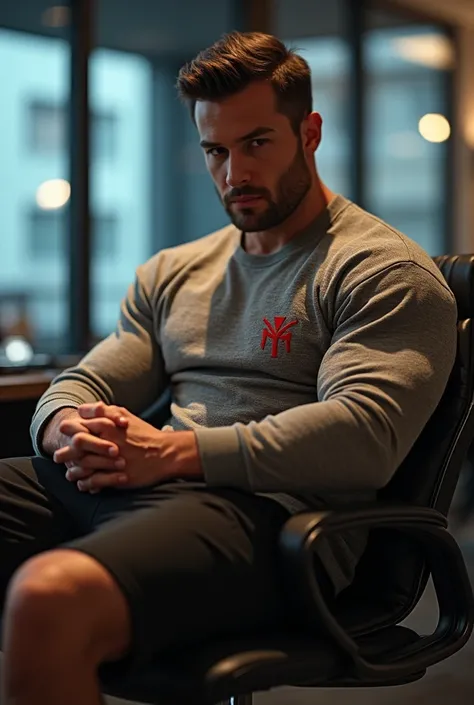 Handsome and muscular and virile and sexy man in casual clothes, with a modern, real and fashionable sweater con logo, strong and muscular legs, large lump, 8k detail masterpiece ultra realistic high detail in office , close up , bodybuilder, wide legs, bu...