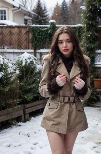 full body photo of beautiful 18 y.o Polish Instagram model wearing  winter coat, brunette hair, hazel eyes, detailed eyes, pale skin, looking happy, with an air of superiority, winter gloves, snow outside in garden