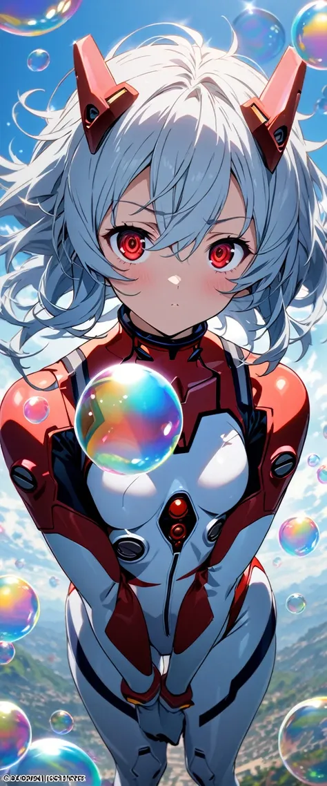  wide field of view BREAK,1girl,solo,(ayanami rei)(masterpiece,best quality, official art,aim to viewers, beautiful and aesthetic((bubbles,)),Amazing,sharp focus,rich background, short hair,deadpan,white plugsuit,headgear,sky blue hair,red eyes,） absurdres...