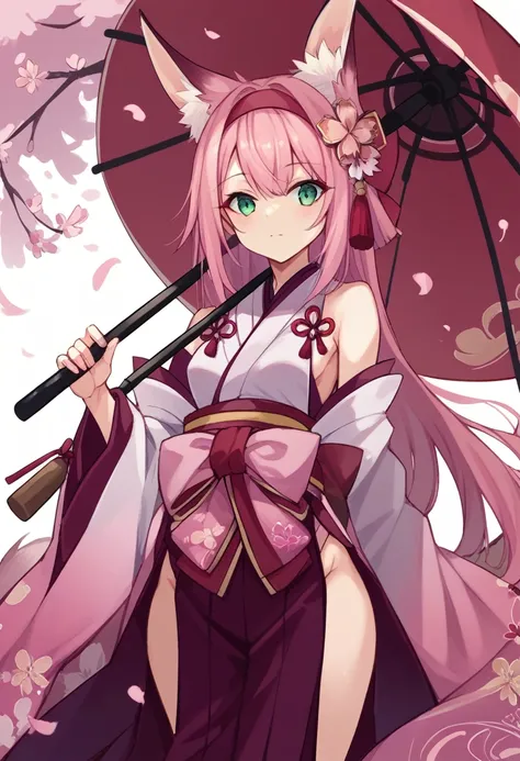 One person、kimono、、Small breasts、Kagetsu、Pink Hair、Cherry blossoms in the background、parasol、Fox Ears、