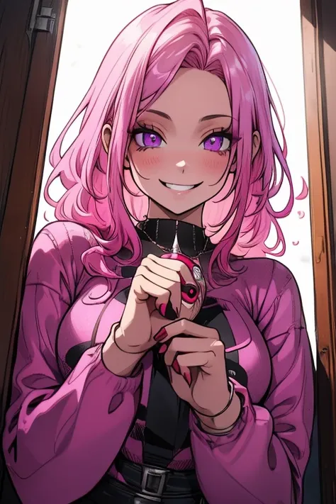 Perfect face. Perfect hands. A pink haired woman with violet eyes and an hourglass figure in a Freddy Kruger sweater is smiling in a creepy house