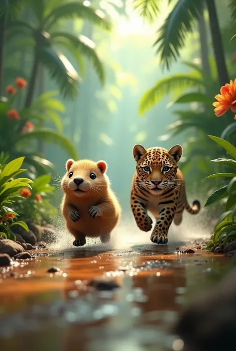 Cute capybara running from jaguar, baby animal style, Cuteness. 4K, super relista, photo realistic, best quality, Cuteness extrema. 