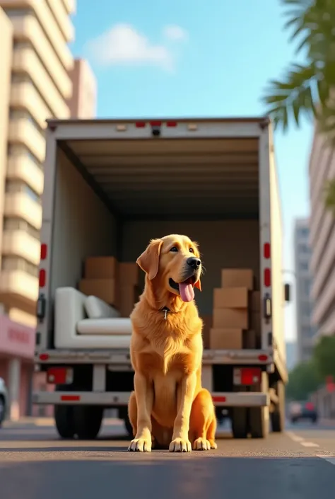 Moving truck in Mexico City in front of tall building with white sectional sofa and carton boxes inside and large Golden Retriever outside of truck.  Pixar