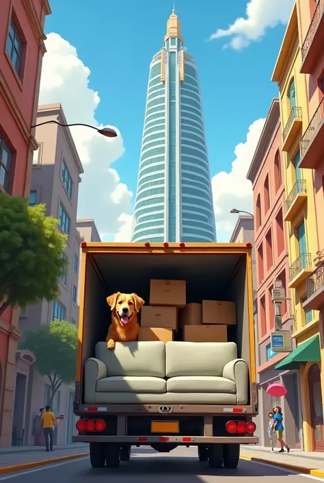 Moving truck in Mexico City in front of tall building with light grey sectional sofa and carton boxes inside and large Golden Retriever outside of truck looking inside truck. Pixar
