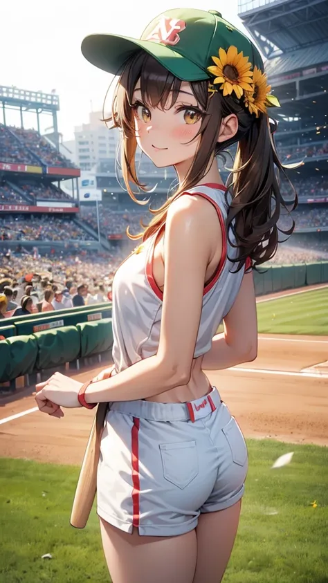 Maki: ore no imouto ga konna ni kawaii wake ga nai, 25-yers-old girl with short light green straight hair with flower hairpin on left bangs, light_brown_eyes, petite_body, average_breasts, seducing look, baseball stadium background, sexy orange baseball un...