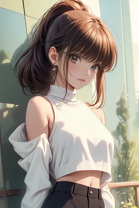 ((Best Quality)), ((Artwork)), (Detailed), 1 girl, Shoulder-to-shoulder sweater, Auburn Hair, ponytail、Micro Mini Underwear, Crop top/Underbust,A little teary、blush、Eyes from below、whole body、topless、Pussy in full view、 , 8k, rosto Detailed, Standing