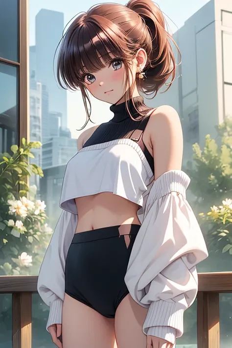 ((Best Quality)), ((Artwork)), (Detailed), 1 girl, Shoulder-to-shoulder sweater, Auburn Hair, ponytail、Micro Mini Underwear, Crop top/Underbust,A little teary、blush、Eyes from below、whole body、topless、Pussy in full view、 , 8k, rosto Detailed, Standing