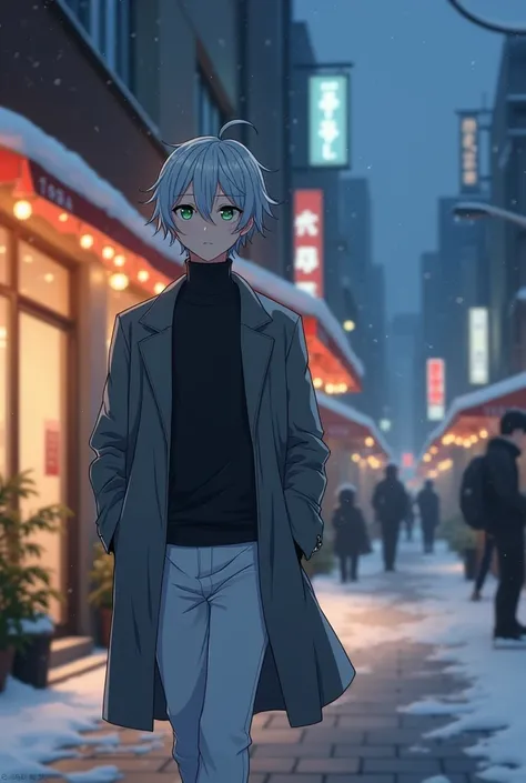 An anime style man, 1, anime style To Love Ru, soft lighting, walking on the sidewalk, There are shops in the surroundings, all covered in light snow, the road is free of snow, few trees and people around, Tokyo city at night with lots of clouds and night ...