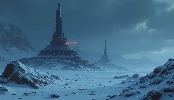 A desolate, icy wasteland with the remnants of a futuristic civilization buried under the snow. The sky is a deep, dark blue, and the only signs of life are the occasional flicker of a distant light. Broken towers and collapsed domes peek out from the snow...