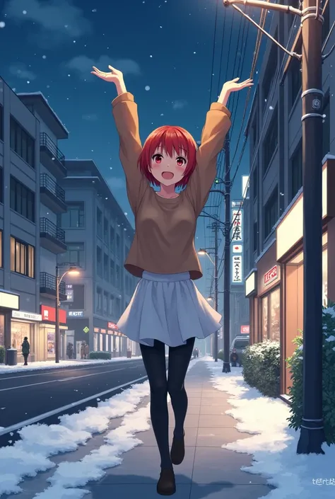 An anime style woman, 1, anime style To Love Ru, soft lighting, walking on the sidewalk, There are shops in the surroundings, all covered in light snow, the road is free of snow, few trees and people around, Tokyo city at night with lots of clouds and nigh...