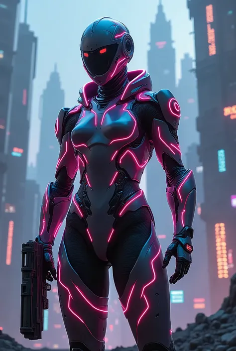 Make a character in hightech suit glow with neon lights in front of sky Skypes and have gun in his hand and his eyes are glowing 