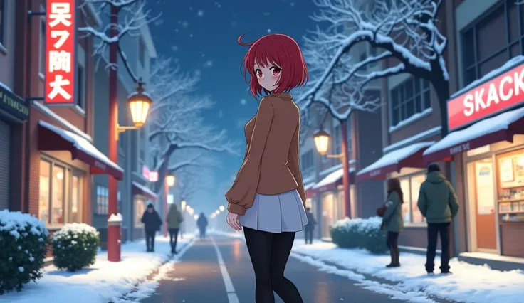 An anime style woman, 1, anime style To Love Ru, soft lighting, walking on the sidewalk, There are shops in the surroundings, all covered in light snow, the road is free of snow, few trees and people around, Tokyo city at night with lots of clouds and nigh...