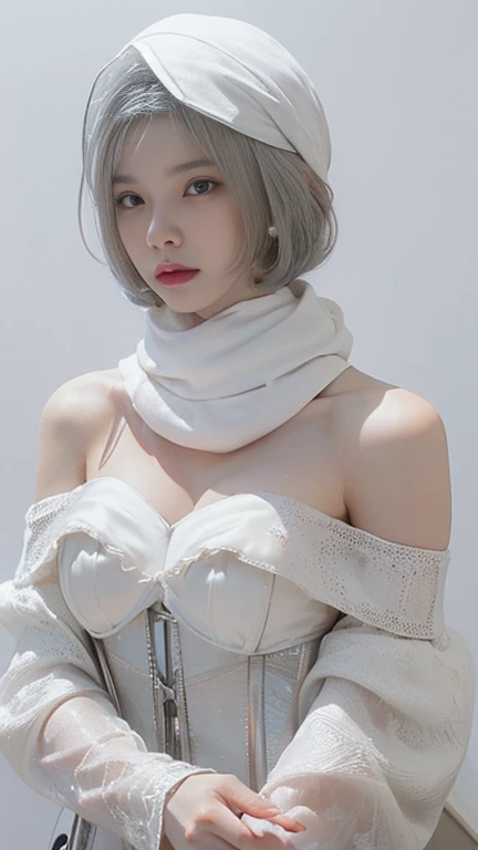 the same:0.8,
Depicts only one woman,

(Silver hair color:1.7),
(Bob cut hair:1.9),
((Skin age around 20 years old:1.3))

((Black Rose Hair Accessories)),
((Golden Necklace)),

((White Eyes:1.5)),
Natural skin texture,
Big boobs,
Narrow waist,
Muscular bod...