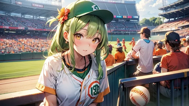 Maki: ore no imouto ga konna ni kawaii wake ga nai, 25-yers-old girl with short light green straight hair with flower hairpin on left bangs, light_brown_eyes, petite_body, average_breasts, seducing look, baseball stadium background, sexy orange baseball un...