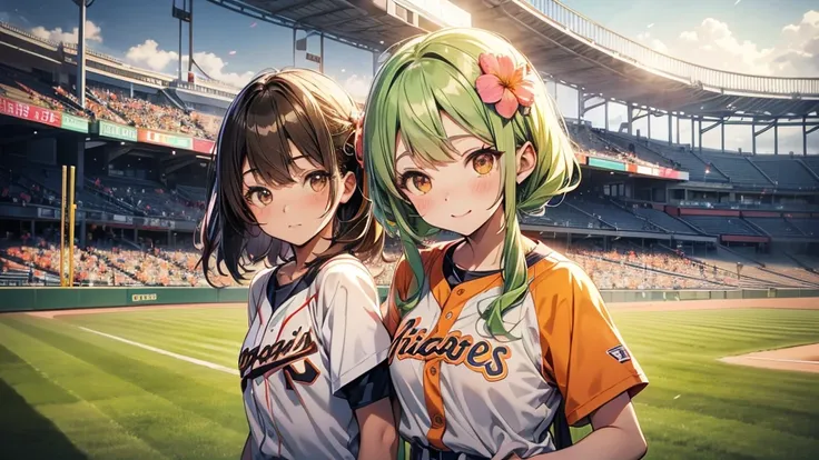 Maki: ore no imouto ga konna ni kawaii wake ga nai, 25-yers-old girl with short light green straight hair with flower hairpin on left bangs, light_brown_eyes, petite_body, average_breasts, seducing look, baseball stadium background, sexy orange baseball un...