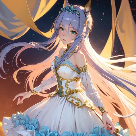  female long Blue hair red eyes . Beautiful golden fantasy princess dress off the shoulders,long white cape