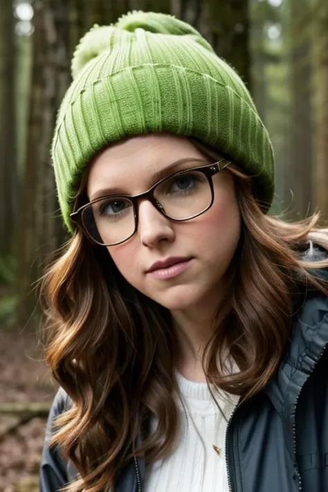 Anna kendrick, , 1, milf, face portrait, long curly hair, wearing rain jacket, glasses, nerd, beanie, chubby, forest