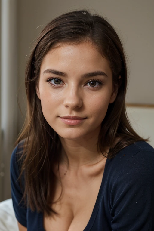 Photographie de 1 superbe fille de 23 ans, type brésilien bronzé, cheveux bruns longs ,avec une tache de naissance visible sur le cou , avec un oeil bleu et lautre marron, de profil photographique, Souriant, regardant dans la caméra , éclairage spectaculai...