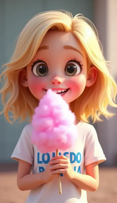 A 3D Disney-style cartoon image featuring a young blonde girl as the central focus. She is happily eating a fluffy pink cotton candy, holding it with both hands close to her face. The girl is wearing a white t-shirt with the words "LOJAS DO BANANA" written...