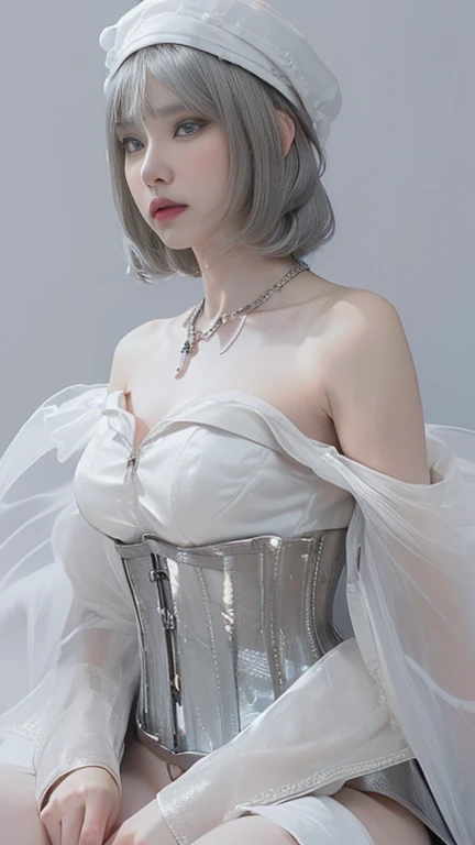 the same:0.8,
Depicts only one woman,

(Silver hair color:1.7),
(Bob cut hair:1.9),
((Skin age around 20 years old:1.3))

((Black Rose Hair Accessories)),
((Golden Necklace)),

((White Eyes:1.5)),
Natural skin texture,
Big boobs,
Narrow waist,
Muscular bod...