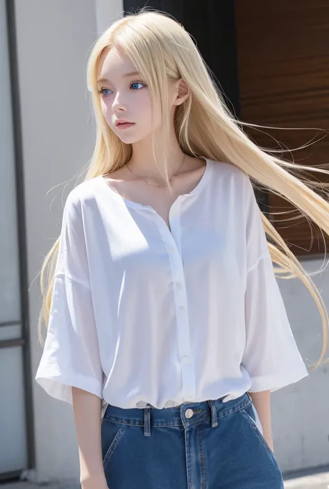 anime, woman,　The long hair is a little messy, Blonde,　Blue Eyes、 White skin、Loose fitting shirt and pants, 