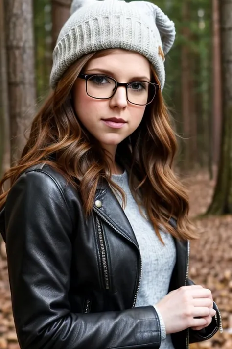 Anna kendrick, , 1, milf, face portrait, long curly hair, wearing worn leather jacket over sweater, glasses, beanie, nerd, chubby, forest