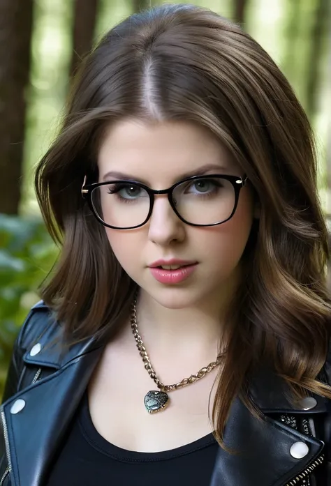 hyperrealistic beautiful chubby 1 teen girl anna kendrick with long legs wearing black tight leather jacket, leather pants, model shooting photography, natural long hair, extremely fat, small necklace, glasses, 8K, Best quality, Meisterwerk, ultra high res...