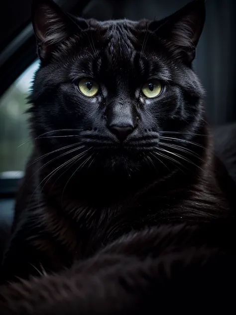 a big black cat, close-up portrait, driving a large truck, traveling with kittens, detailed fur, detailed eyes, detailed expression, high quality, photo-realistic, 8k, hyperdetailed, cinematic lighting, dramatic lighting, moody lighting, vibrant colors, dy...