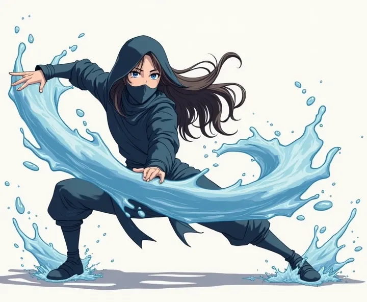 An anime girl with long wavy hair.  She is wearing ninja clothes . Her face is covered up to her nose . She is controlling the water 