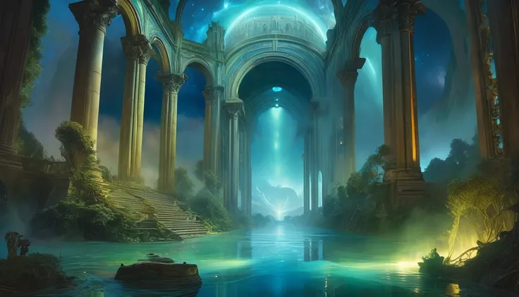 Styx River under portal to galaxy with clear water reflections under night sky + aerial view of Roman relics and gothic cathedrals under light clouds, dynamix water waves, magic mist and haze over the river, hypermaximalist, soft lighting, low contrast + l...