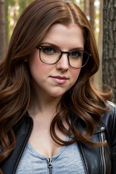 Anna kendrick, close up, 1, milf, very fat, face portrait, long curly hair, wearing worn leather jacket zippied up, glasses, extremley fat,  overweight, curvy, nerd, chubby, forest