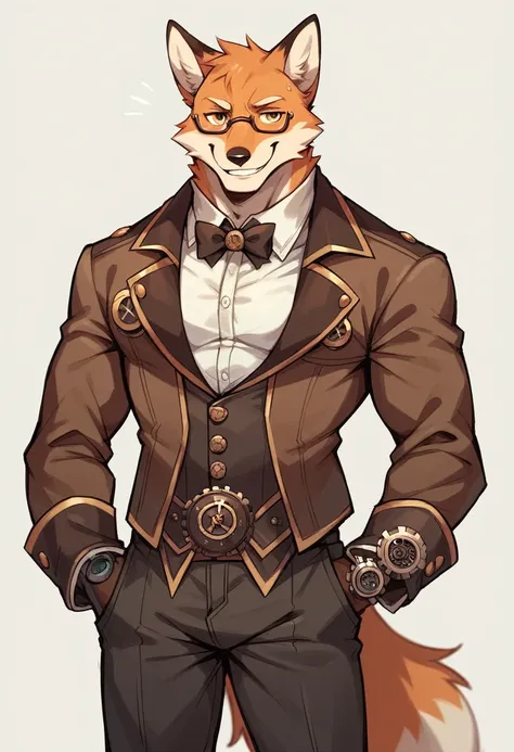 a MUSCULAR fox, steampunk, with glasses, kind smile