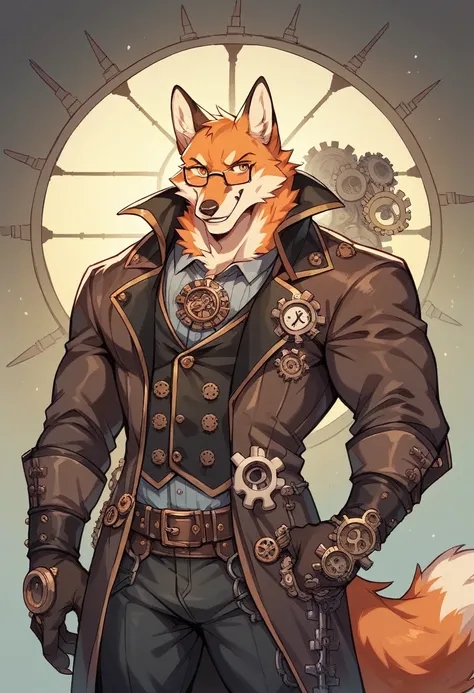 a MUSCULAR fox, steampunk, with glasses, cogs, gears, kind smile