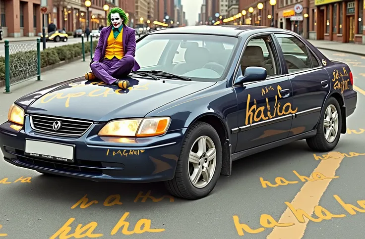 the car in the photo is all yellow, Joker from the Batman movie is sitting on the roof, in the background the city at night and everywhere different sized inscriptions HA HA