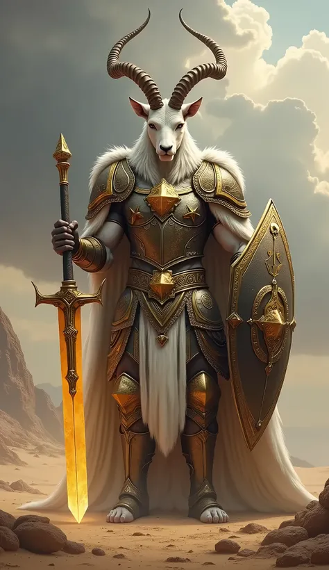 
“A full-body image of a legendary warrior with the head of an Arabian oryx, featuring long, straight horns and a white coat. The warrior is clad in full, ancient armor adorned with intricate gold details and mystical symbols. His armor shines with polishe...