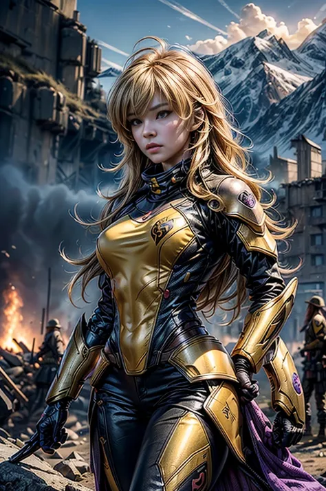 masterpiece,best quality,1girl,yang xiao long, very long hair, ahoge, purple eyes, wearing yellow tactical suit,  large breasts, prosthetic arm, standing,cowboy shot,standing on mountainside, overlooking village,post-apocalypse, dystopian future, crowd, (c...