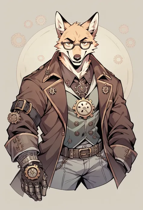 a MUSCULAR fox, steampunk, with glasses, gears on his jacket, kind smile