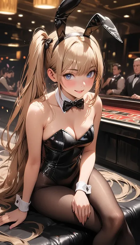 (Best Quality), ((masterpiece)),Highest quality cinema lighting, One Girl, Handsome girl, Cowboy Shot, See your audience, At the Casino, Very long hair, Long Side Up Hair, Long Side Ponytail, blue eyes, Droopy eyes, Mischievous smile, Black Playboy Bunny, ...