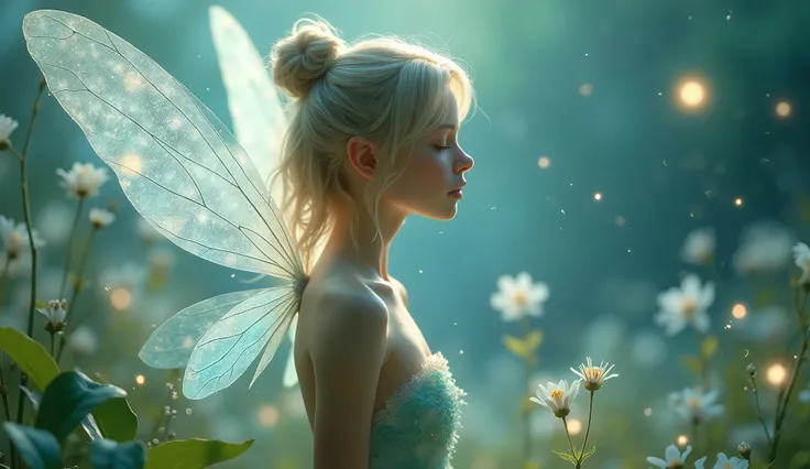 ULTRA REALISTIC image of a delicate and ethereal adult fairy, with transparent and shiny wings. The fairy must have a serene expression, surrounded by a soft aura of sparkling lights in shades of blue and green. She is floating in a field of flowers, with ...