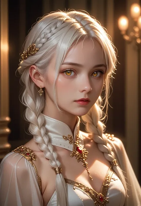 best quality, masterpiece,white hair, golden eyes,white clothes, seeking, upper body,strand of hair,light skin,side braids